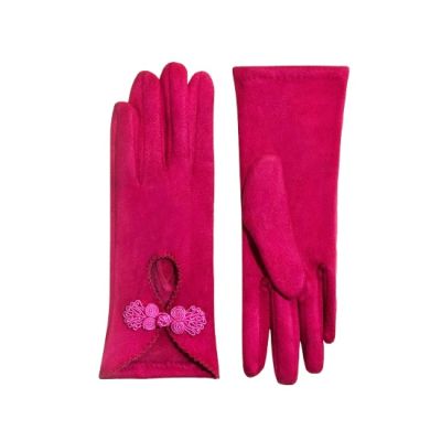 Pair of pink suede gloves with embroidery detail
