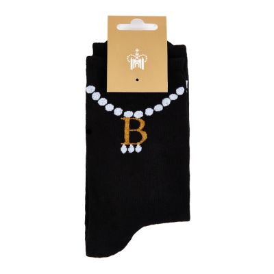 A pair of black women's socks with a print of Anne Boleyn's 