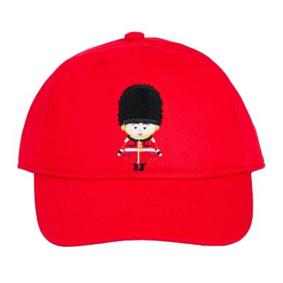 A red baseball cap for kids with an embroidered Royal Guard character on the front in red, black and yellow. 