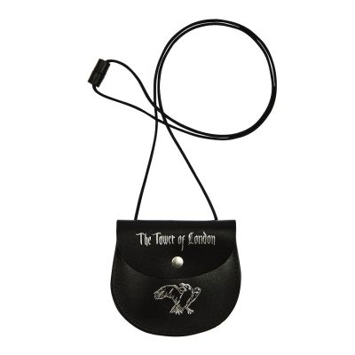 Black leather pouch bag with silver 'Tower of London' text and raven illustration 