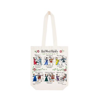 White tote bag with illustrations of Henry VIII and his six wives