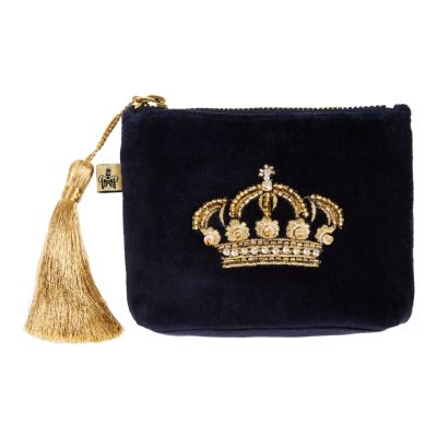 A dark navy velvet purse with an embellished gold crown motif in the centre, The gold zip is finished with a large gold tassel. The purse also features the Historic Royal Palaces logo on a sewn tag. 