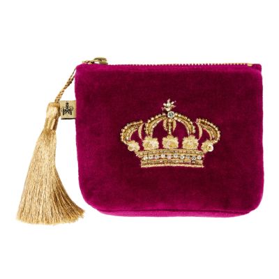 A bright purple velvety purse with an embellished gold crown motif in the centre, The gold zip is finished with a large gold tassel. The purse also features the Historic Royal Palaces logo on a sewn tag. 