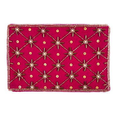 A pink zipped purse with a gold beaded pattern on one side.