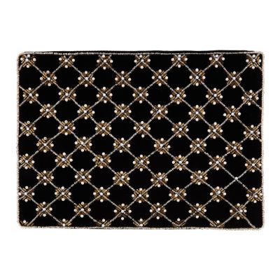 A large velvet pouch with a beaded criss-cross pattern inspired by Tudor decoration. 