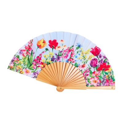 A wooden hand fan with a colourful floral print of flowers found in the gardens at Hampton Court Palace. 
