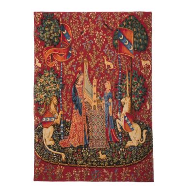 Medieval style tapestry with two woman playing a harp and a unicorn and loin