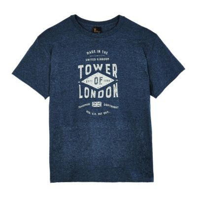 A blue marl short-sleeved t-shirt with a typographic chest print in white that reads, Made in the United Kingdom, Tower of London. 