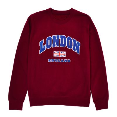 A burgundy sweatshirt with long sleeves and a round neck. The front of the sweatshirt reads, "London, England" and features the UK flag.