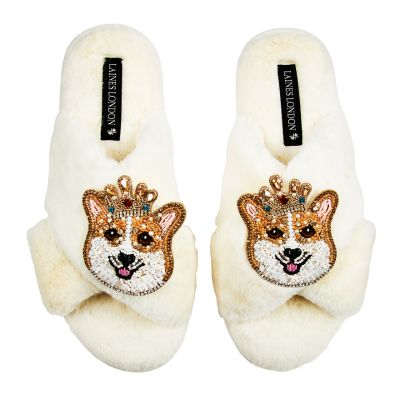 Fluffy white slippers with sparkly corgi brooch