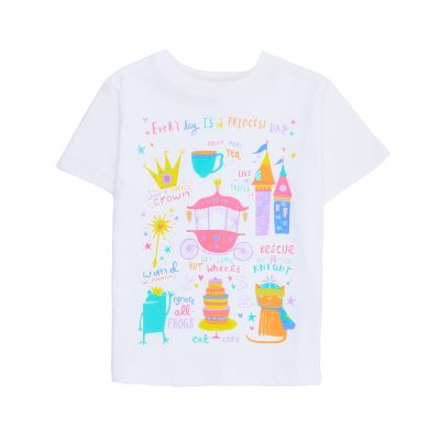 White t-shirt with colourful illustrations of cats, frogs, castles, stars, carriages and crowns