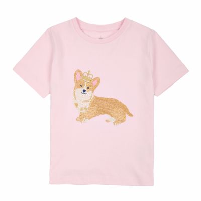A short-sleeved, pink children's T-shirt with an embroidered corgi dog on the chest wearing a gold crown. 