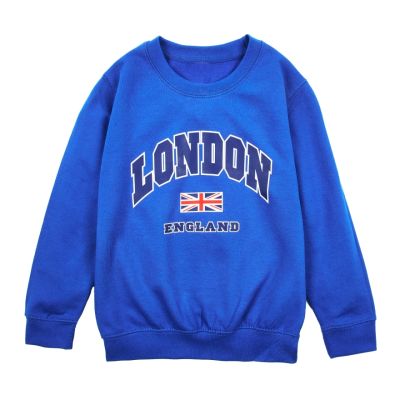 A royal blue children's sweatshirt with the words, London, England printed on the chest alongside a union flag. 