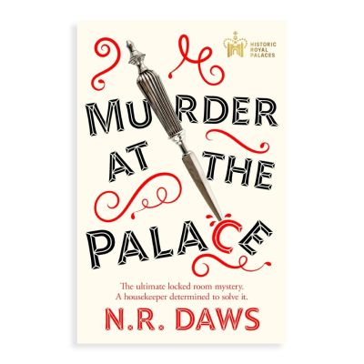 A cream book cover with a vintage silver letter opener on the front and the book title in bold black lettering, "Murder at the palace. The ultimate locked room mystery. A housekeeper determined to solve it."