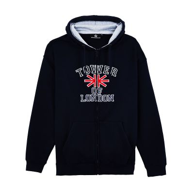 Navy zip hoodie with Tower of London text