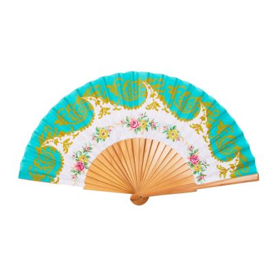 An Aqua-coloured folding hand fan with an ornate design featuring gold and floral details. 