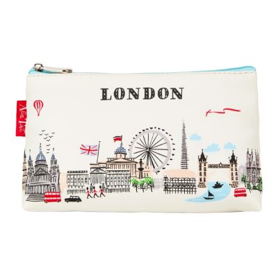 A white cosmetic bag with a contrasting light-blue zip, printed on both sides with illustrations of London landmarks including St Paul's Cathedral, Tower Bridge, and Buckingham Palace. 