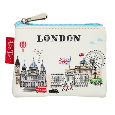 A white purse with colourful illustrations of London landmarks, with London written above. With a contrasting light-blue zip. 