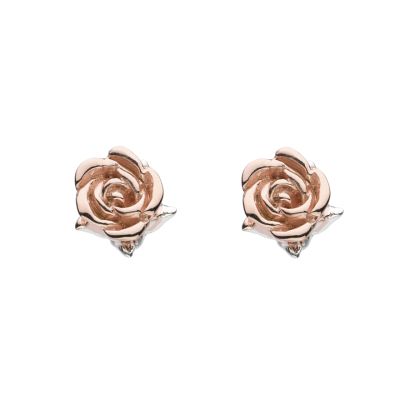 A pair of silver stud earrings plated in rose gold in the shape of a rose.