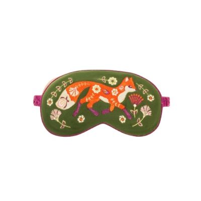Pink and green velvet eye mask with orange fox motif