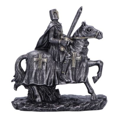 A metallic-silver coloured figurine of a knight in armour holding a sword and riding a horse.