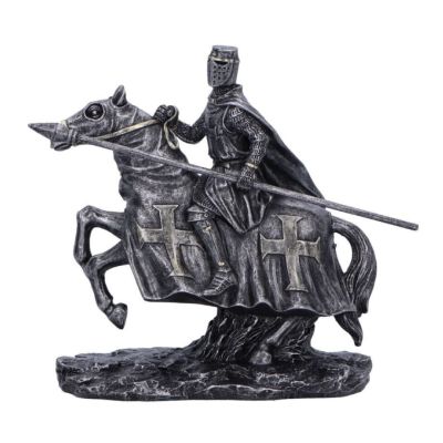 A metallic-silver coloured knight on horseback figurine with a spear in one hand. 