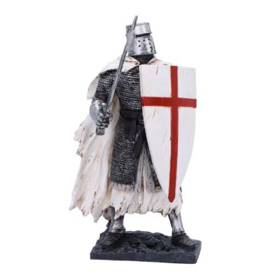 A metallic coloured knight figurine wearing armour and chain mail with a white cloak and holding a white shield with the St George's Cross. 