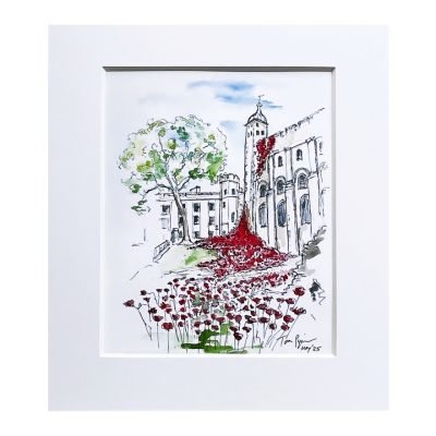 A sketch in ink of the Tower of London showing the ceramic poppies installation for The Tower Remembers. 