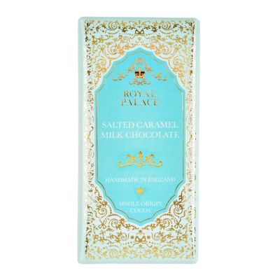 Chocolate bar in light blue and ornate gold designed wrapper