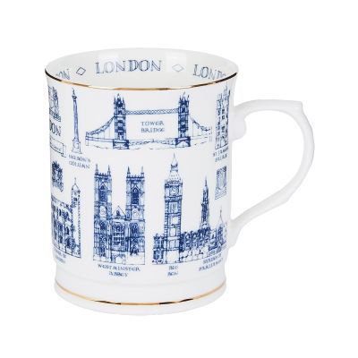 White mug with blue illustrations of London landmarks