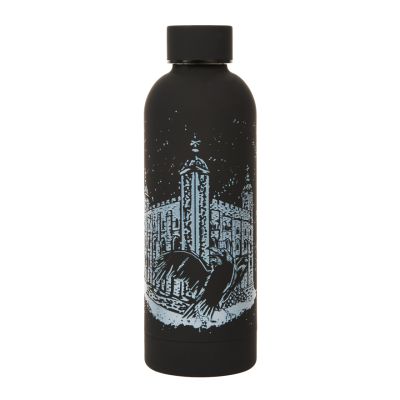A matt-black screw cap water bottle with a printed illustration of the White Tower at the Tower of London and a raven in front with its wings spread open. 