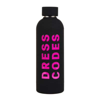 A matte black, metal water bottle with a screw-top lid. With bright-pink text reading, "Dress Codes". 