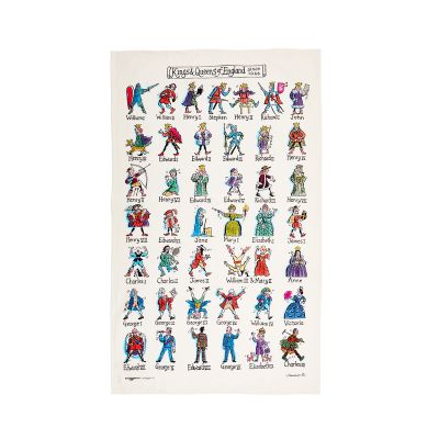 Cream linen tea towel with illustrations of Kings and Queens of England