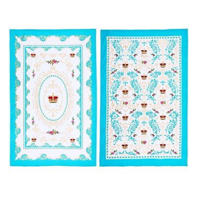 Two aqua and gold ornate style tea towels with crowns 