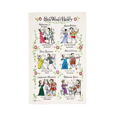 White tea towel with illustrations of King Henry VIII and his six wives