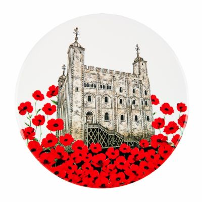 A round white coaster with a printed, illustrated design of the White Tower at the Tower of London surrounded by bright red poppies.