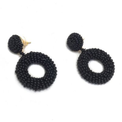 A pair of black beaded earrings with stud tops and drop circular hoops. 