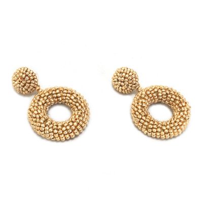 Gold Beaded drop earrings with a stud top and a circular drop shape with a hole through the centre. 