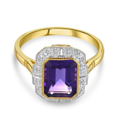 9ct Yellow Gold Ring set with Amethyst & Diamond