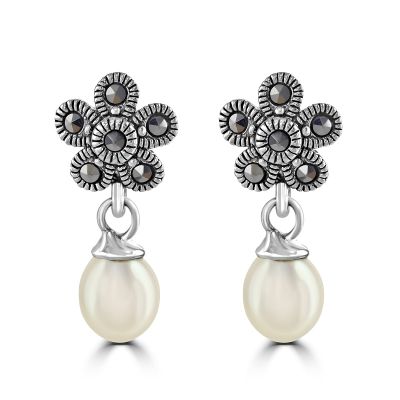 Flower Marcasite Earrings with Drop Pearl