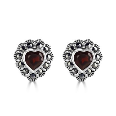 Garnet & Marcasite Heart Stud Earrings