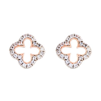 SIlver cut-out quatrefoil stud earrings with a border of 22 white topaz stones. 