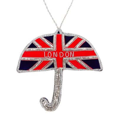 A hanging decoration in the shape of an umbrella in with a Union Jack design in silver, red and blue. The centre of the Union Jack reads, London. 