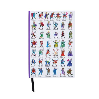 A white A5 notebook with colourful illustrations of the Kings and Queens of England from William I to Charles III. 