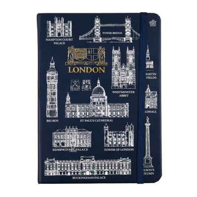 A navy notebook with white line drawings of iconic landmarks in London including Tower Bridge, Westminster Abbey, Big Ben and Buckingham Palace. It also features a gold coat of arms in the centre of both Westminster and the City of London.