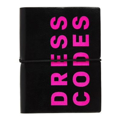A black A5 notebook with bright-pink text that reads, "Dress Codes".