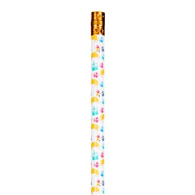A white pencil with an all-over pattern of corgi dogs with colourful crowns in pink, blue and aqua. 