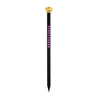 A black pencil with pink text reading, "Dress Codes". The pencil topper is a gold crown with mini diamante.