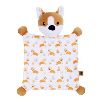 A white baby comforter with an all-over print of corgis and crown illustrations. The comforter has a soft plus corgi head and paws at each of the four corners. 