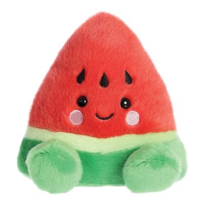 A plush toy in the shape of a triangular slice of watermelon. In red and green, it has a smiley face and two plush feet. With an embroidered smile and  black bead eyes.